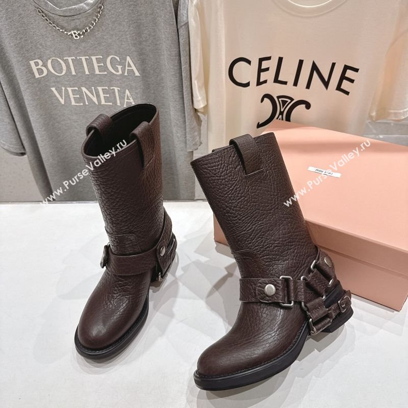 Miu Miu Embossed Leather Flat Ankle Boots with Buckle Brown 2025 MM102404 (MD-251024134)