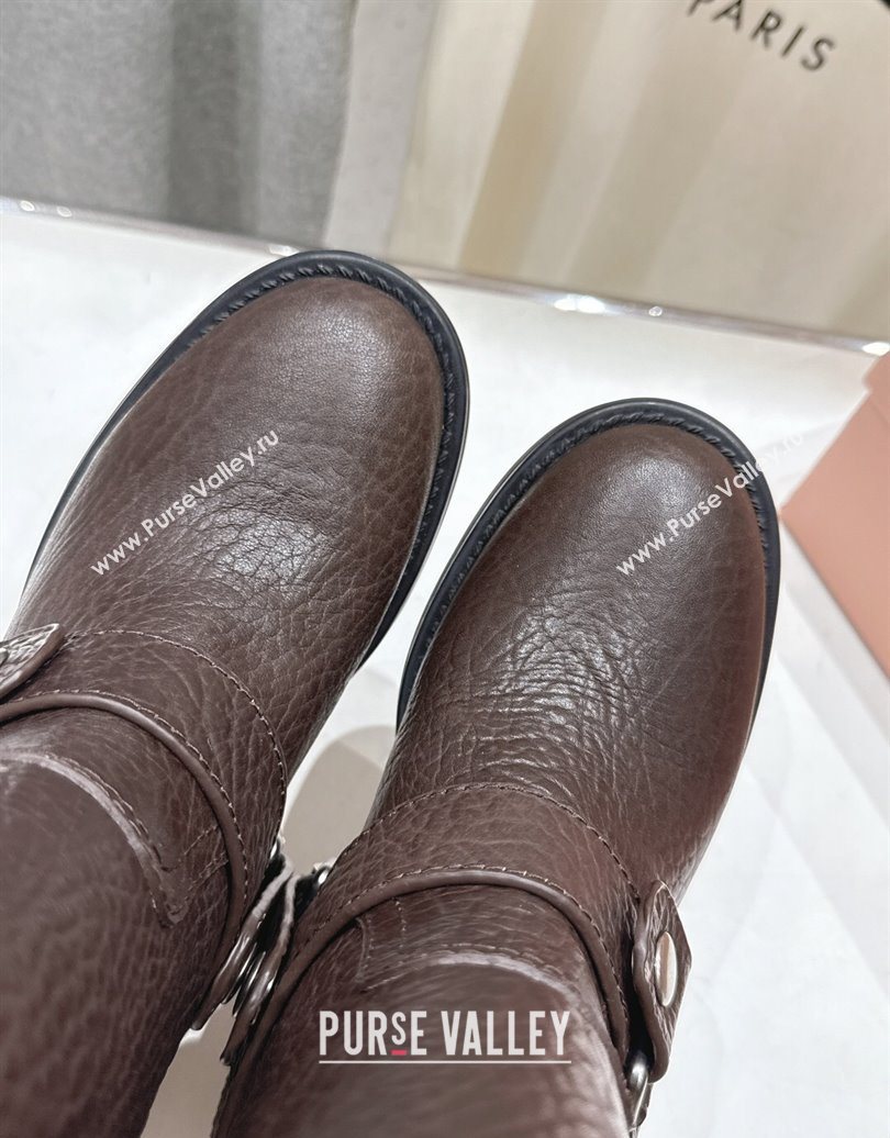 Miu Miu Embossed Leather Flat Ankle Boots with Buckle Brown 2025 MM102404 (MD-251024134)