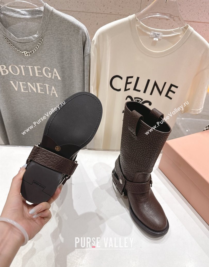 Miu Miu Embossed Leather Flat Ankle Boots with Buckle Brown 2025 MM102404 (MD-251024134)