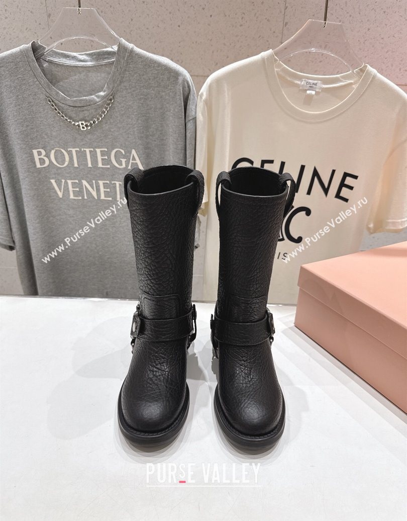 Miu Miu Embossed Leather Flat Ankle Boots with Buckle Black 2025 MM102404 (MD-251024135)