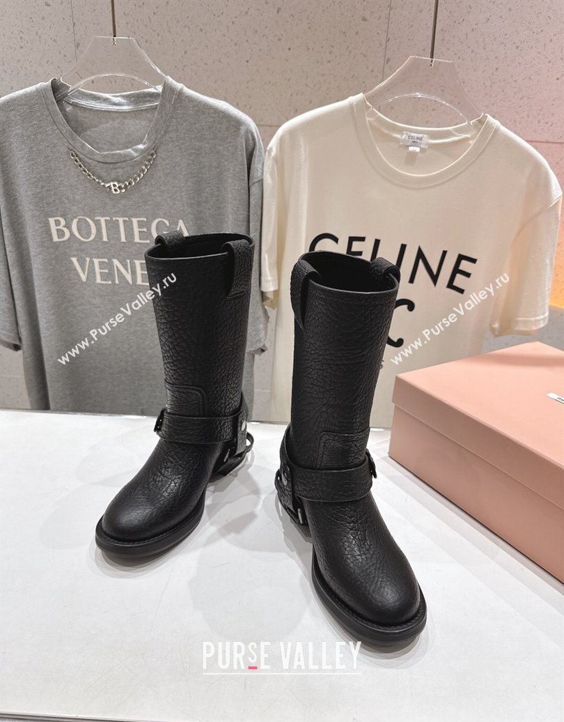 Miu Miu Embossed Leather Flat Ankle Boots with Buckle Black 2025 MM102404 (MD-251024135)