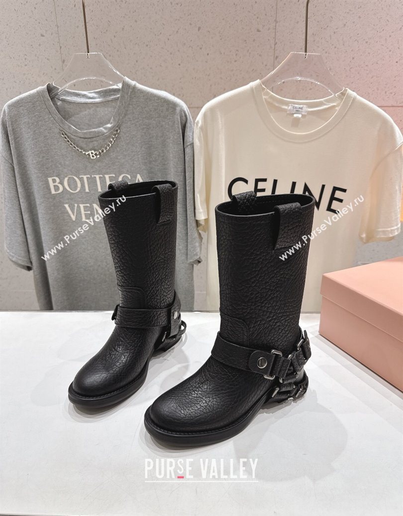 Miu Miu Embossed Leather Flat Ankle Boots with Buckle Black 2025 MM102404 (MD-251024135)