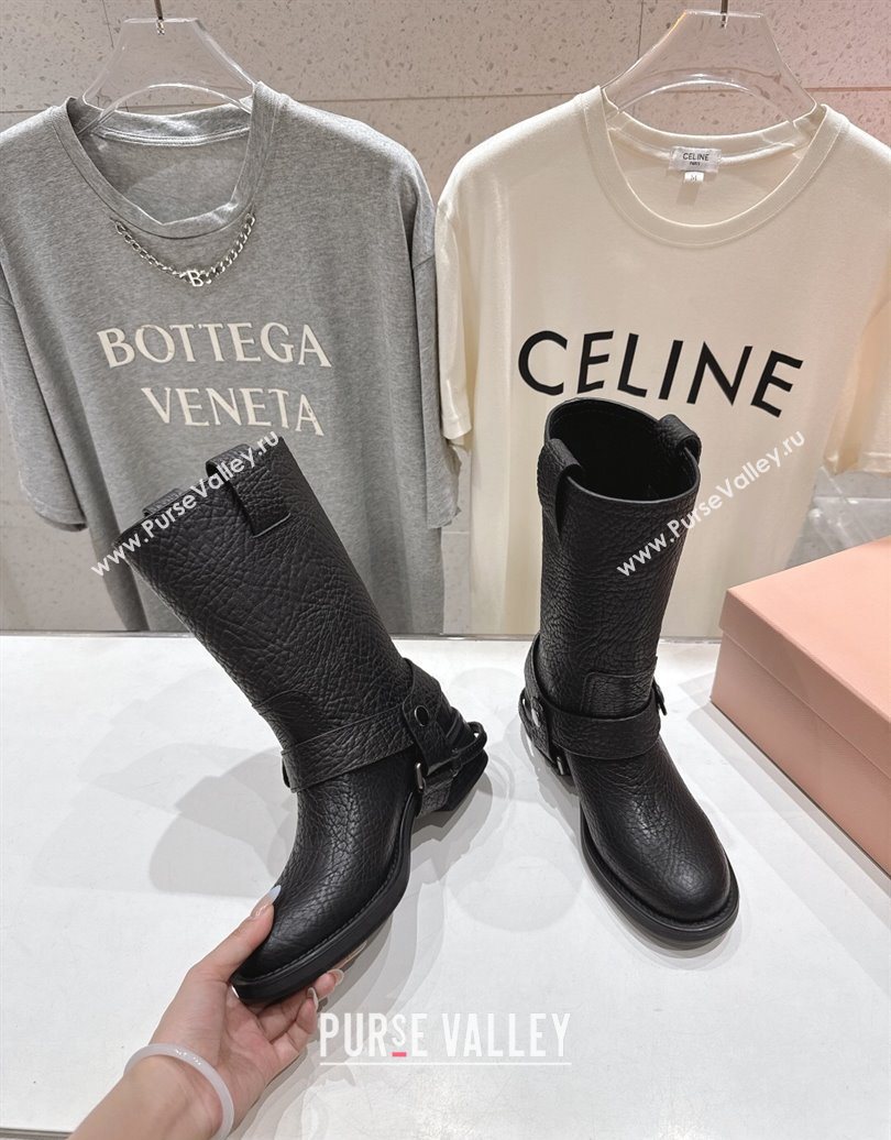 Miu Miu Embossed Leather Flat Ankle Boots with Buckle Black 2025 MM102404 (MD-251024135)