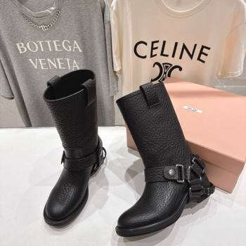 Miu Miu Embossed Leather Flat Ankle Boots with Buckle Black 2025 MM102404 (MD-251024135)