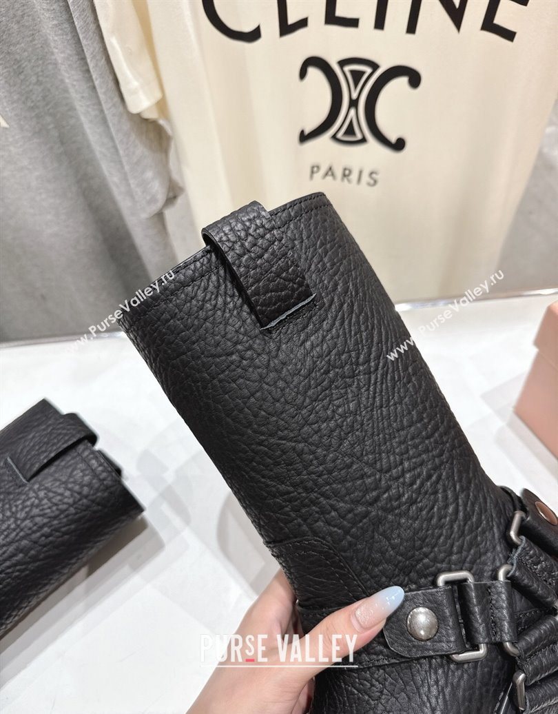 Miu Miu Embossed Leather Flat Ankle Boots with Buckle Black 2025 MM102404 (MD-251024135)