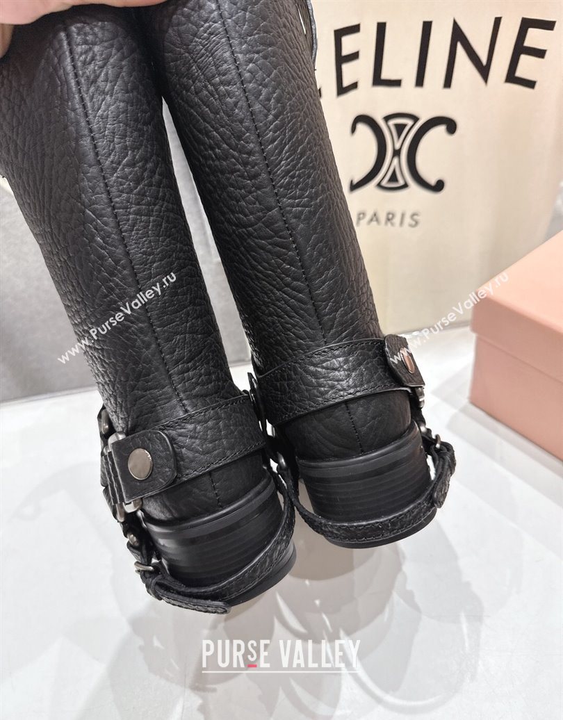 Miu Miu Embossed Leather Flat Ankle Boots with Buckle Black 2025 MM102404 (MD-251024135)