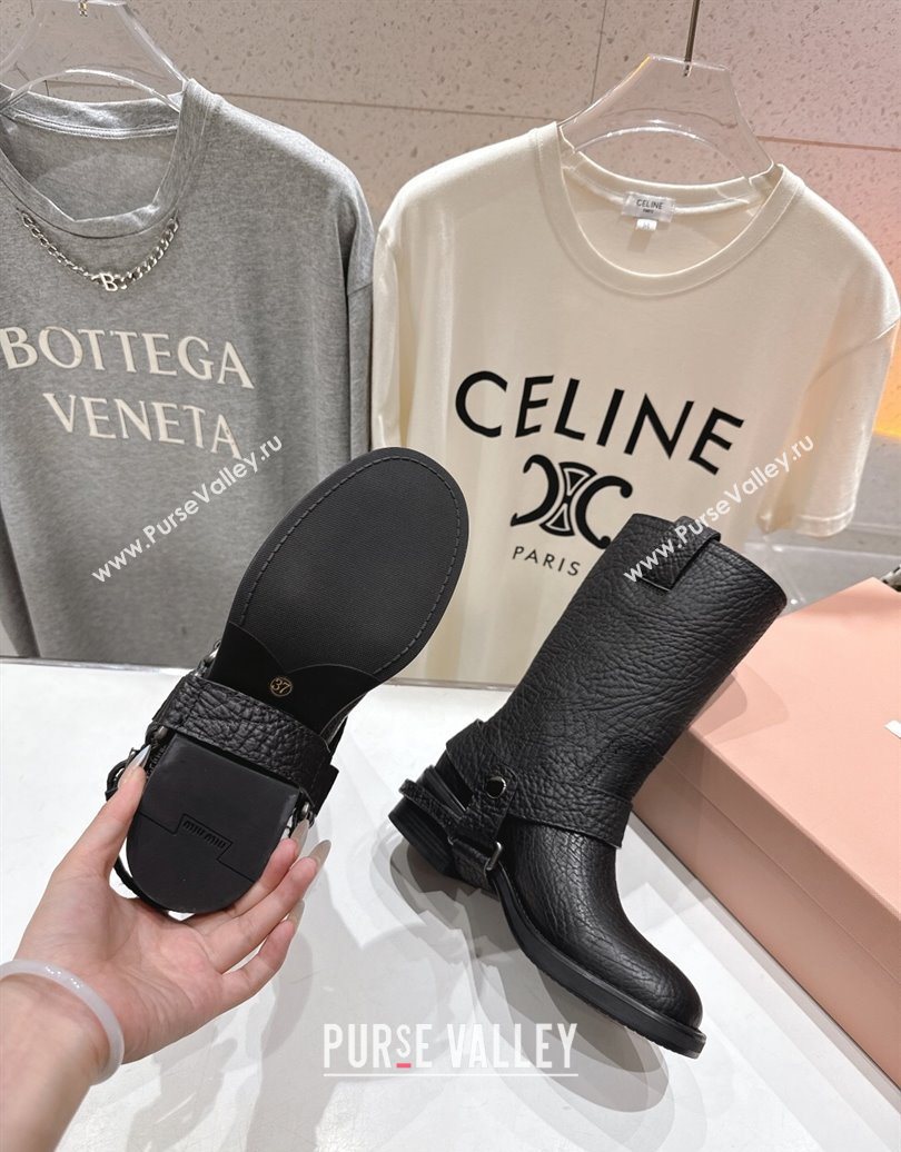 Miu Miu Embossed Leather Flat Ankle Boots with Buckle Black 2025 MM102404 (MD-251024135)