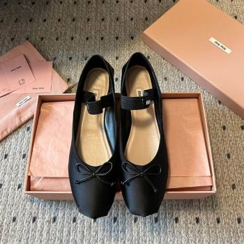 Miu Miu Satin Ballerinas Flat with Bow and Elastic Band Black 2025 5F794D (KL-251025026)