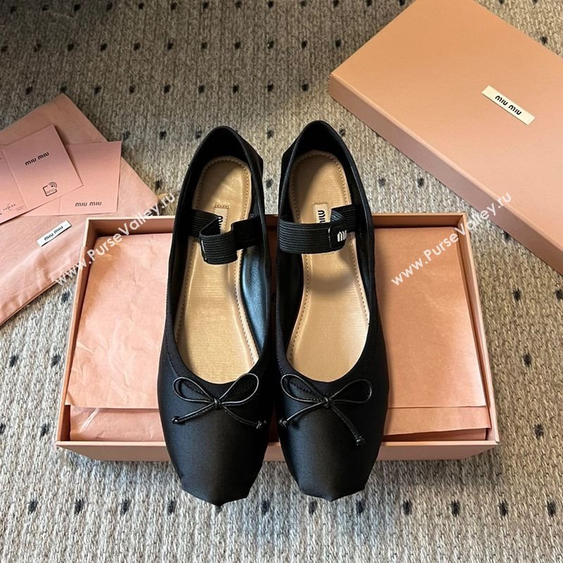Miu Miu Satin Ballerinas Flat with Bow and Elastic Band Black 2025 5F794D (KL-251025026)