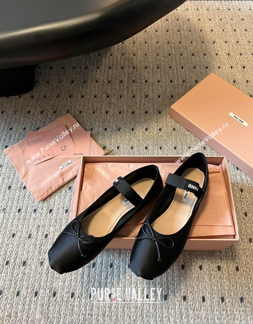 Miu Miu Satin Ballerinas Flat with Bow and Elastic Band Black 2025 5F794D (KL-251025026)
