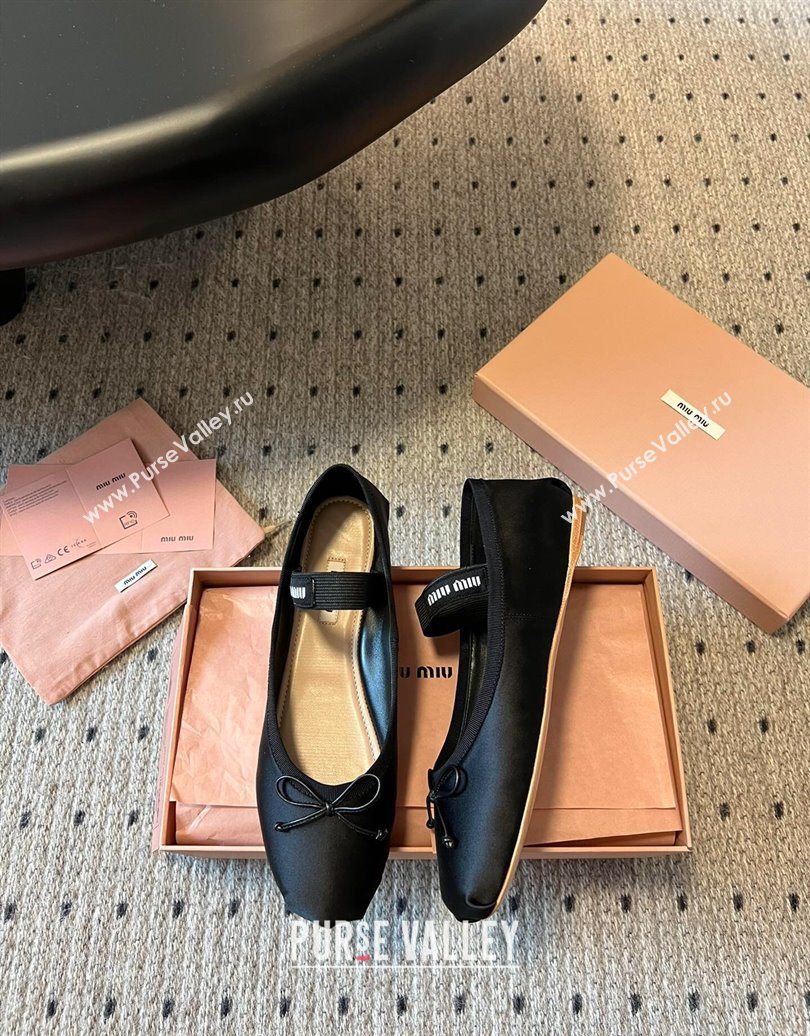Miu Miu Satin Ballerinas Flat with Bow and Elastic Band Black 2025 5F794D (KL-251025026)