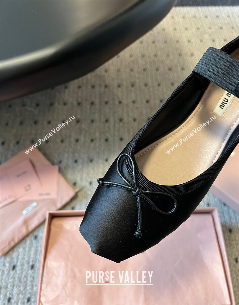 Miu Miu Satin Ballerinas Flat with Bow and Elastic Band Black 2025 5F794D (KL-251025026)