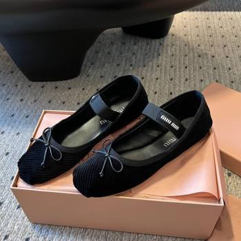 Miu Miu Corduroy Ballerinas Flat with Bow and Elastic Band Black 2025 5F794D (KL-251025034)