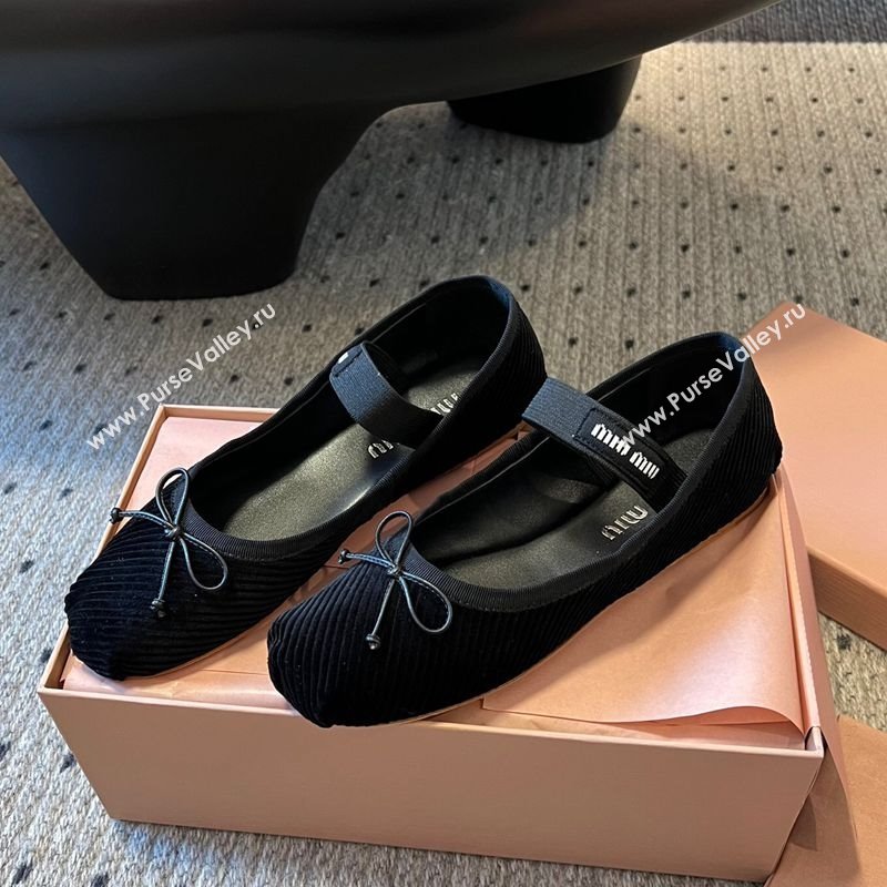 Miu Miu Corduroy Ballerinas Flat with Bow and Elastic Band Black 2025 5F794D (KL-251025034)