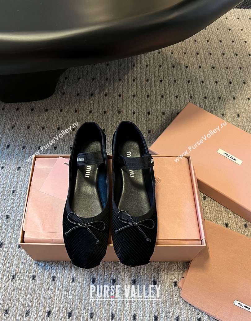 Miu Miu Corduroy Ballerinas Flat with Bow and Elastic Band Black 2025 5F794D (KL-251025034)