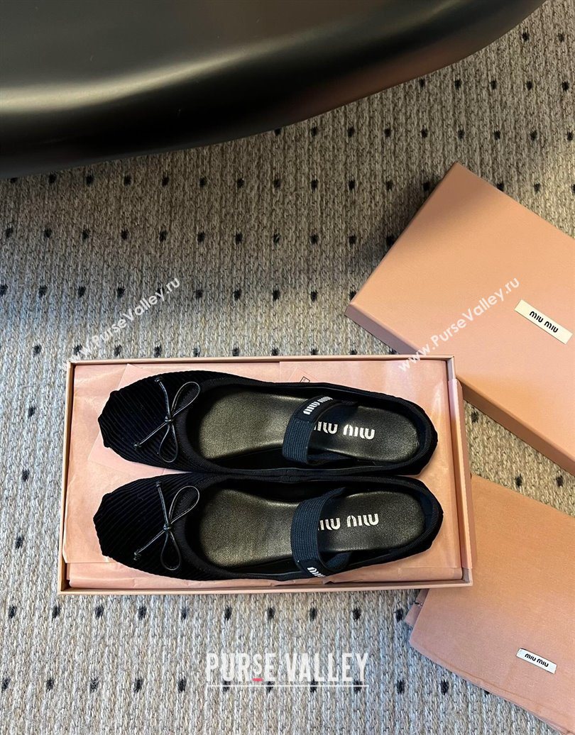 Miu Miu Corduroy Ballerinas Flat with Bow and Elastic Band Black 2025 5F794D (KL-251025034)