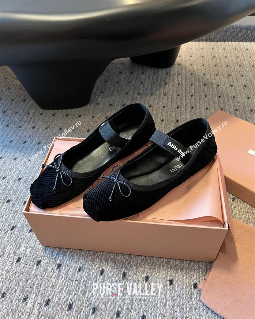 Miu Miu Corduroy Ballerinas Flat with Bow and Elastic Band Black 2025 5F794D (KL-251025034)