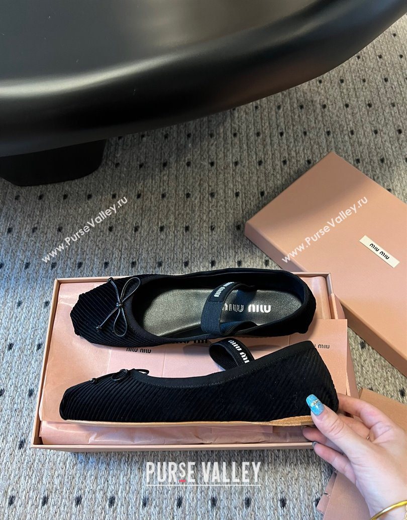 Miu Miu Corduroy Ballerinas Flat with Bow and Elastic Band Black 2025 5F794D (KL-251025034)