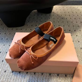 Miu Miu Corduroy Ballerinas Flat with Bow and Elastic Band Brown 2025 5F794D (KL-251025035)