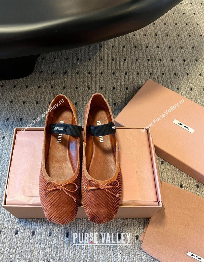 Miu Miu Corduroy Ballerinas Flat with Bow and Elastic Band Brown 2025 5F794D (KL-251025035)