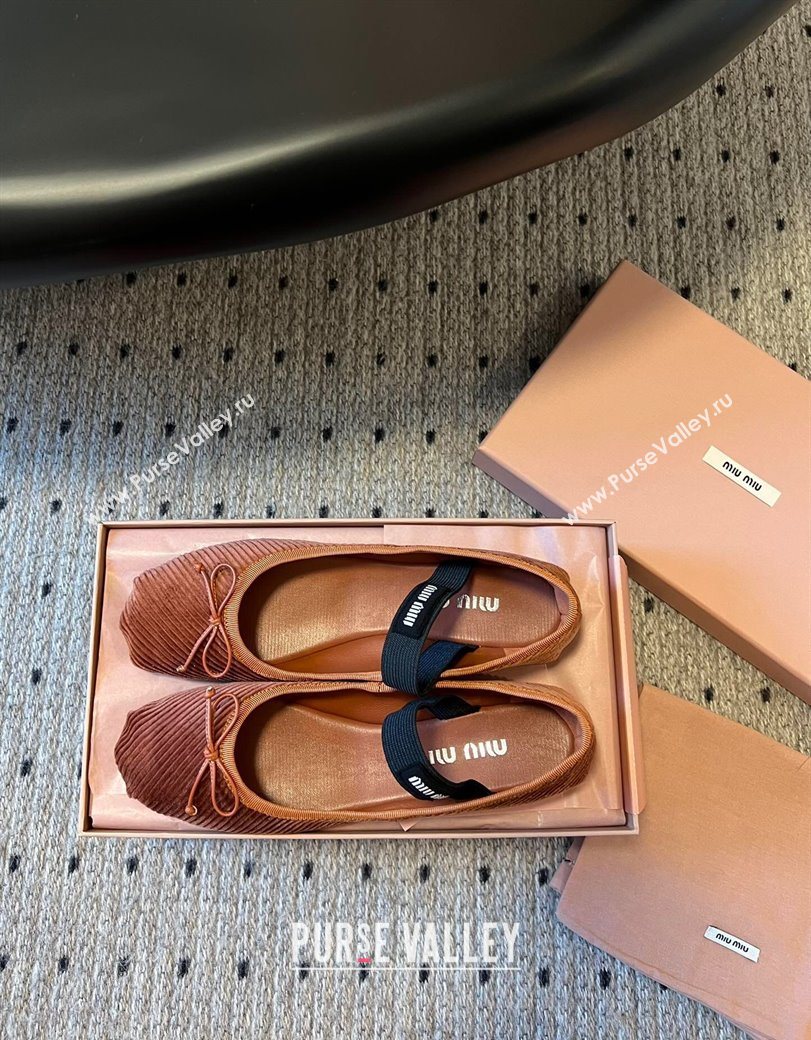 Miu Miu Corduroy Ballerinas Flat with Bow and Elastic Band Brown 2025 5F794D (KL-251025035)