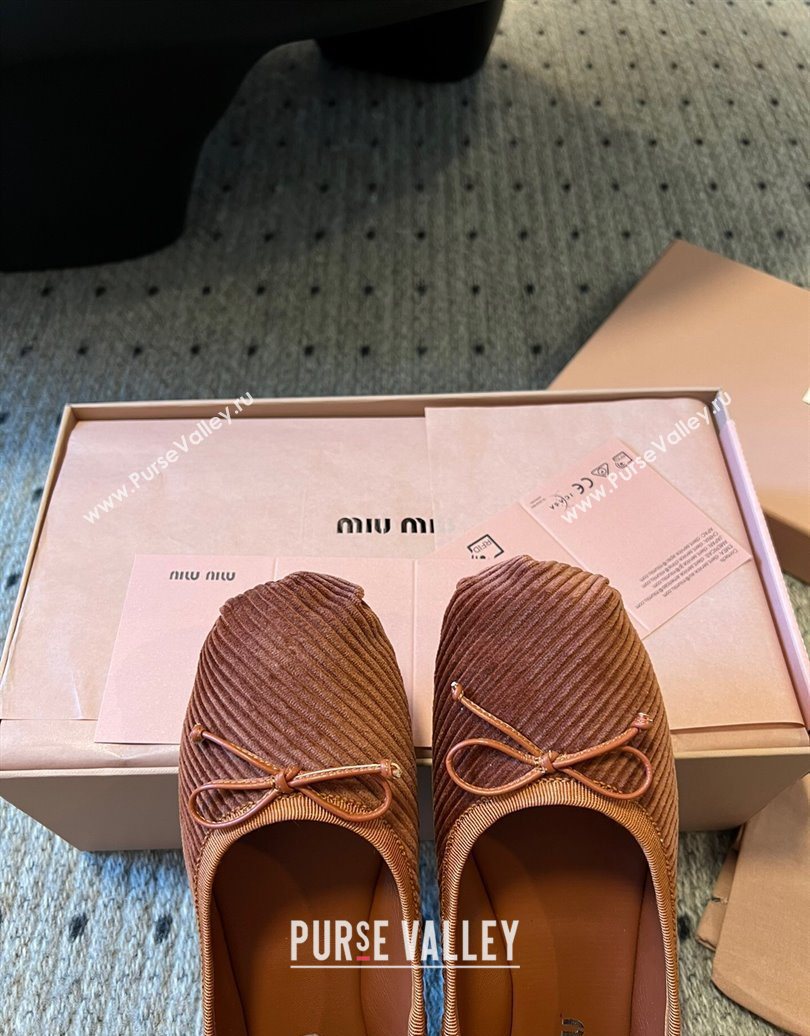 Miu Miu Corduroy Ballerinas Flat with Bow and Elastic Band Brown 2025 5F794D (KL-251025035)