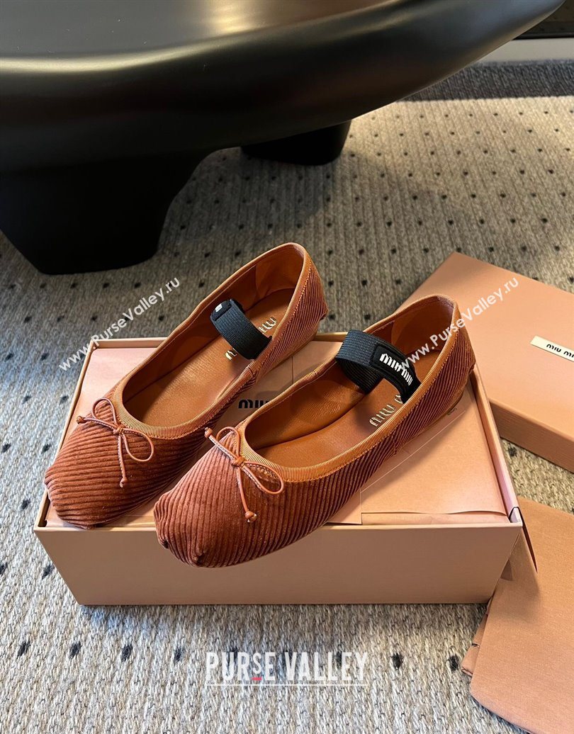 Miu Miu Corduroy Ballerinas Flat with Bow and Elastic Band Brown 2025 5F794D (KL-251025035)