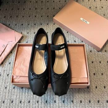 Miu Miu Leather Ballerinas Flat with Bow and Elastic Band Black 2025 5F794D (KL-251025038)