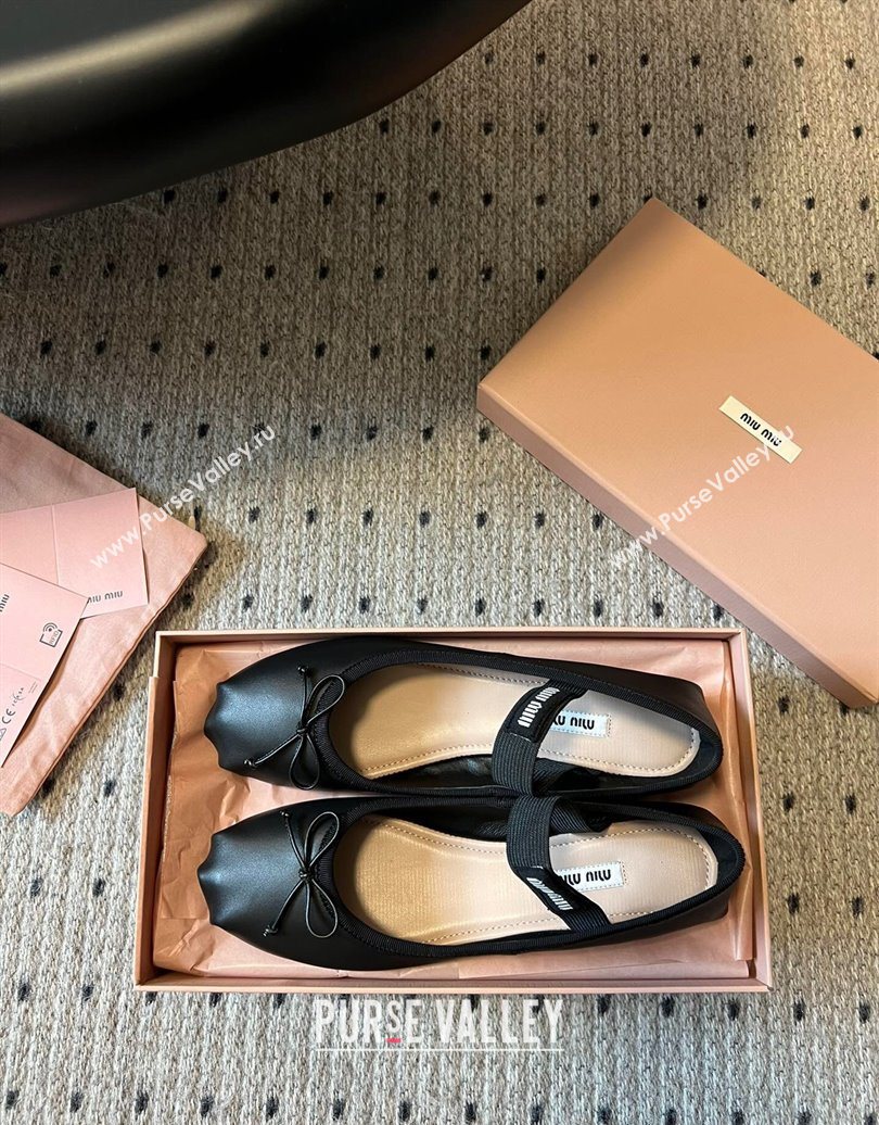 Miu Miu Leather Ballerinas Flat with Bow and Elastic Band Black 2025 5F794D (KL-251025038)