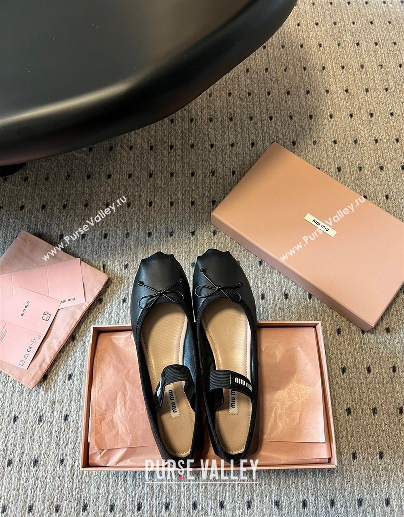 Miu Miu Leather Ballerinas Flat with Bow and Elastic Band Black 2025 5F794D (KL-251025038)