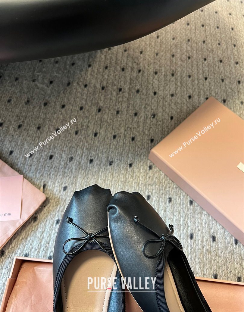 Miu Miu Leather Ballerinas Flat with Bow and Elastic Band Black 2025 5F794D (KL-251025038)