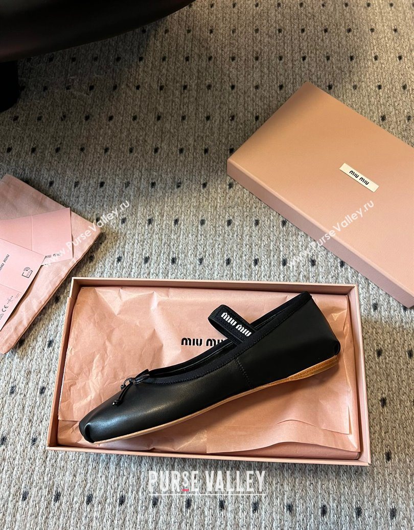 Miu Miu Leather Ballerinas Flat with Bow and Elastic Band Black 2025 5F794D (KL-251025038)