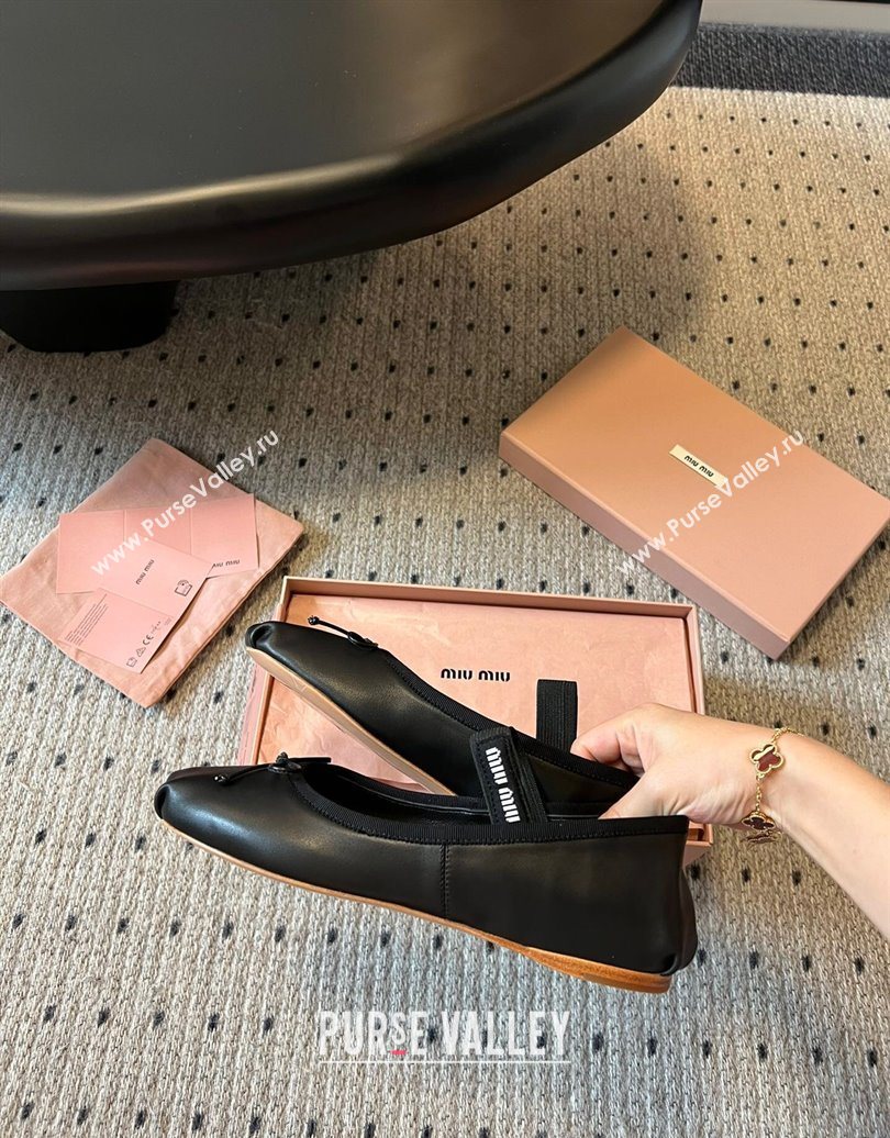 Miu Miu Leather Ballerinas Flat with Bow and Elastic Band Black 2025 5F794D (KL-251025038)