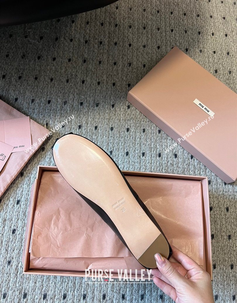 Miu Miu Leather Ballerinas Flat with Bow and Elastic Band Black 2025 5F794D (KL-251025038)