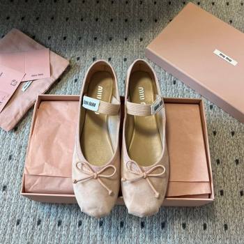 Miu Miu Suede Ballerinas Flat with Bow and Elastic Band Pink 2025 5F794D (KL-251025039)