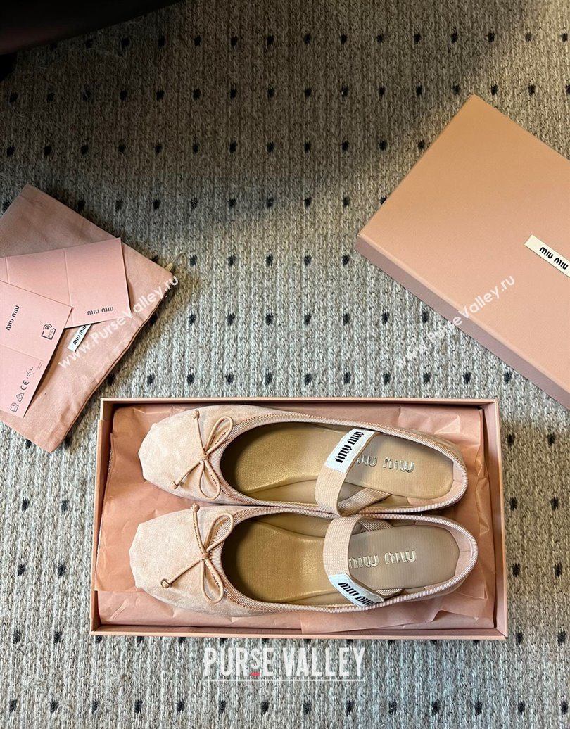 Miu Miu Suede Ballerinas Flat with Bow and Elastic Band Pink 2025 5F794D (KL-251025039)