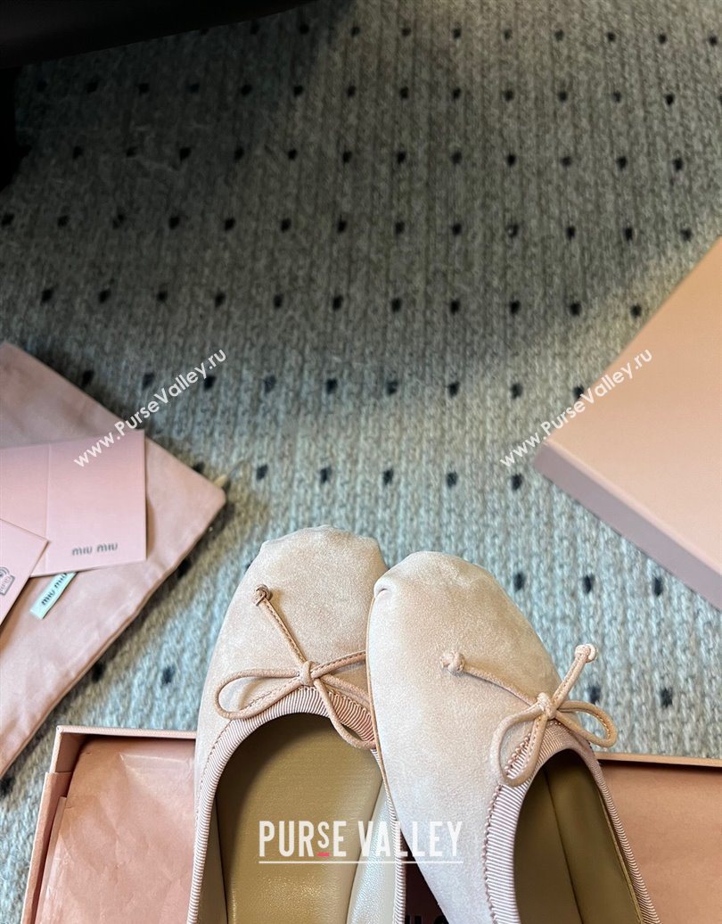 Miu Miu Suede Ballerinas Flat with Bow and Elastic Band Pink 2025 5F794D (KL-251025039)