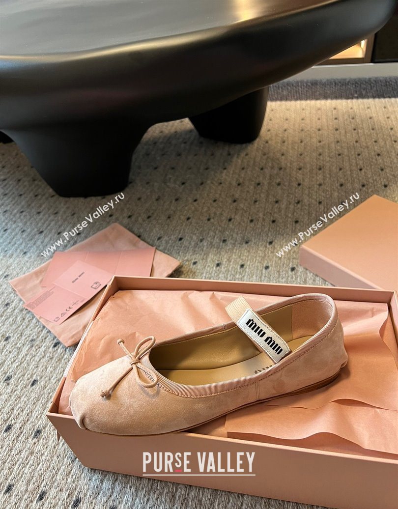 Miu Miu Suede Ballerinas Flat with Bow and Elastic Band Pink 2025 5F794D (KL-251025039)