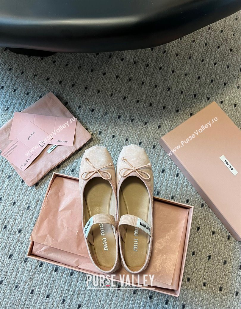 Miu Miu Suede Ballerinas Flat with Bow and Elastic Band Pink 2025 5F794D (KL-251025039)