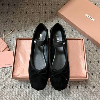 Miu Miu Suede Ballerinas Flat with Bow and Elastic Band Black 2025 5F794D (KL-251025040)