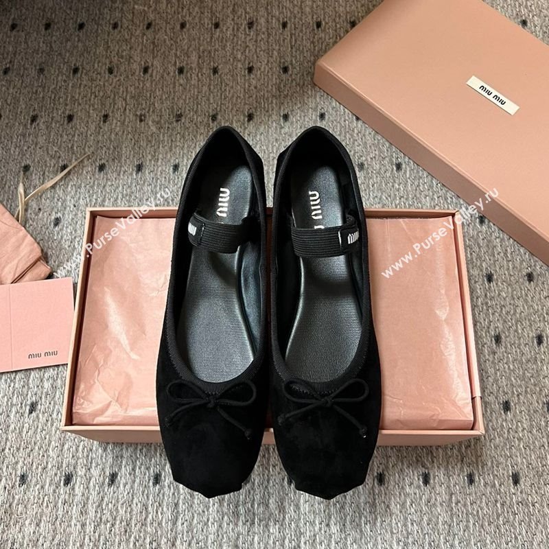 Miu Miu Suede Ballerinas Flat with Bow and Elastic Band Black 2025 5F794D (KL-251025040)
