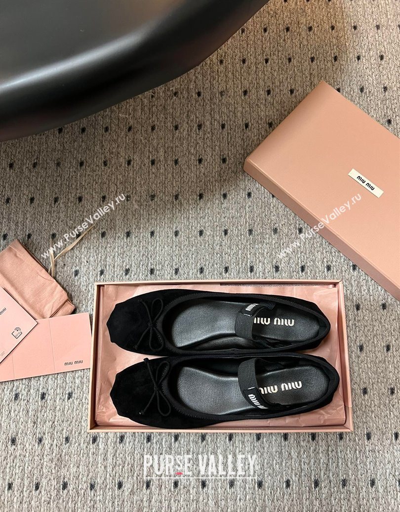 Miu Miu Suede Ballerinas Flat with Bow and Elastic Band Black 2025 5F794D (KL-251025040)