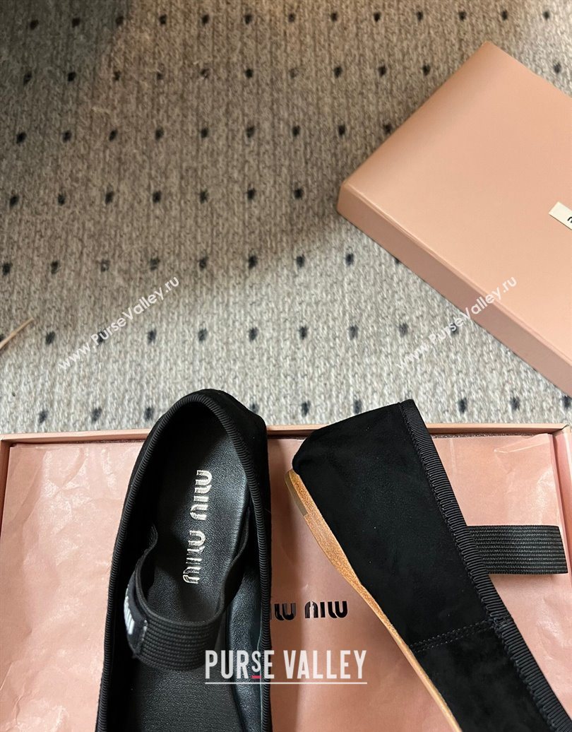 Miu Miu Suede Ballerinas Flat with Bow and Elastic Band Black 2025 5F794D (KL-251025040)