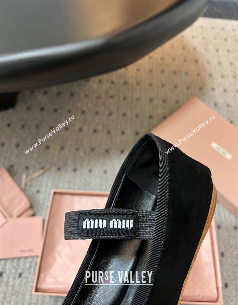 Miu Miu Suede Ballerinas Flat with Bow and Elastic Band Black 2025 5F794D (KL-251025040)