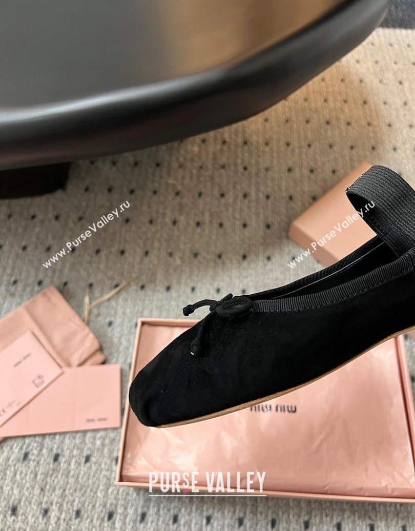 Miu Miu Suede Ballerinas Flat with Bow and Elastic Band Black 2025 5F794D (KL-251025040)