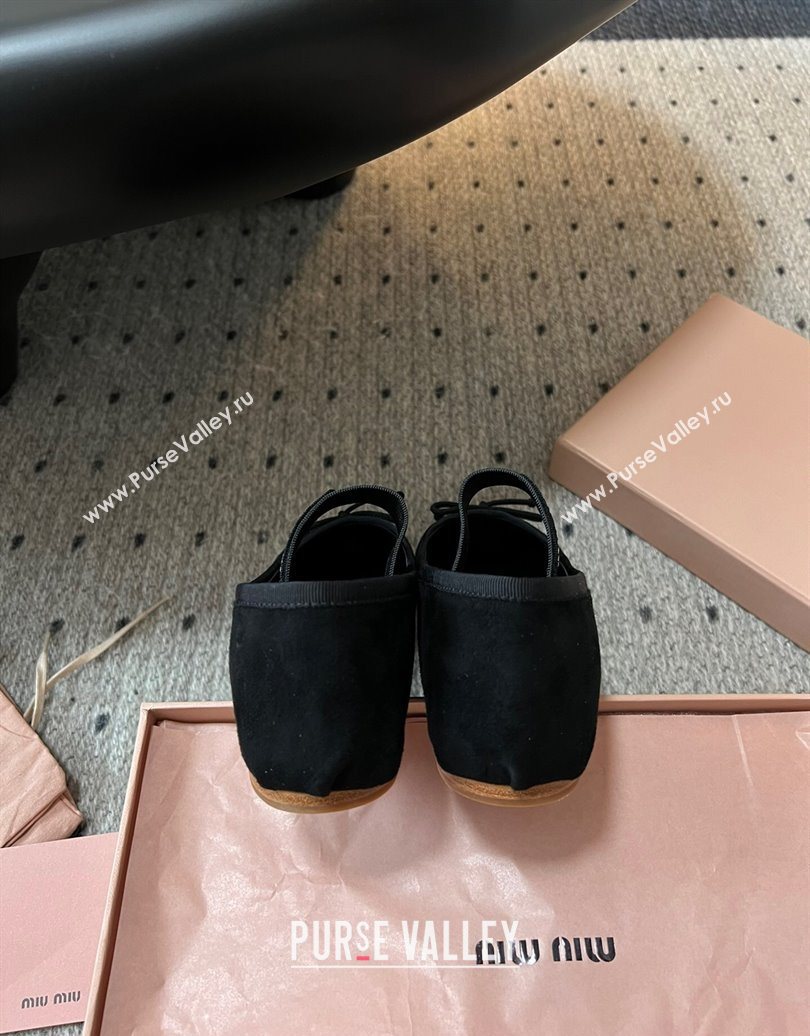 Miu Miu Suede Ballerinas Flat with Bow and Elastic Band Black 2025 5F794D (KL-251025040)