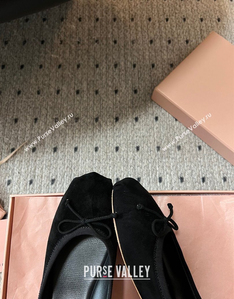 Miu Miu Suede Ballerinas Flat with Bow and Elastic Band Black 2025 5F794D (KL-251025040)