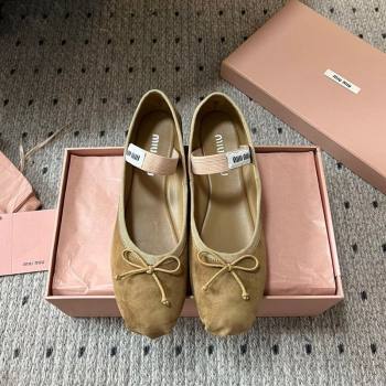 Miu Miu Suede Ballerinas Flat with Bow and Elastic Band Olive Green 2025 5F794D (KL-251025041)