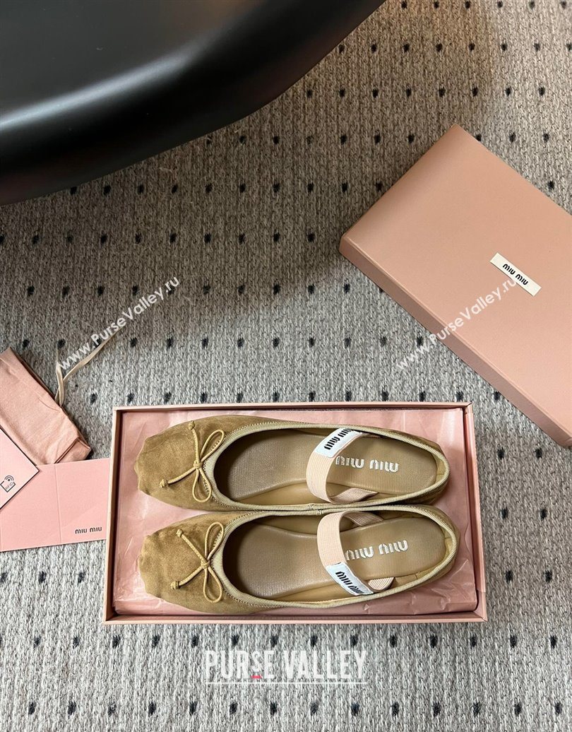 Miu Miu Suede Ballerinas Flat with Bow and Elastic Band Olive Green 2025 5F794D (KL-251025041)