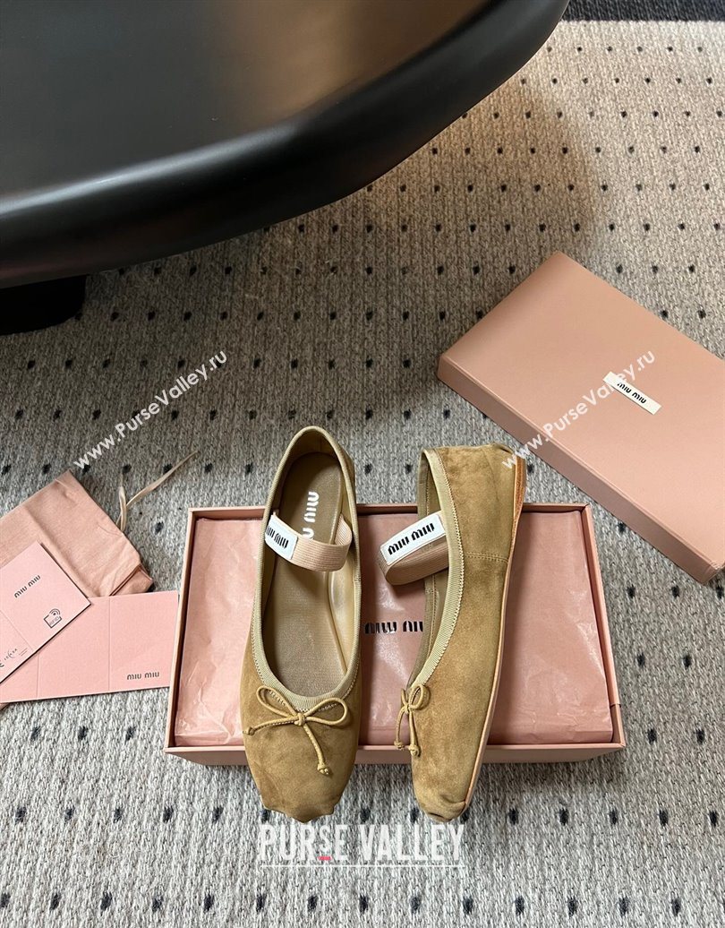 Miu Miu Suede Ballerinas Flat with Bow and Elastic Band Olive Green 2025 5F794D (KL-251025041)